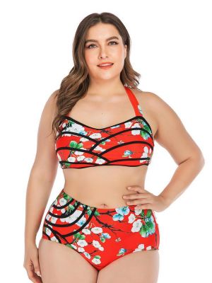 Red Floral Printing Halter String High Rise Bikini