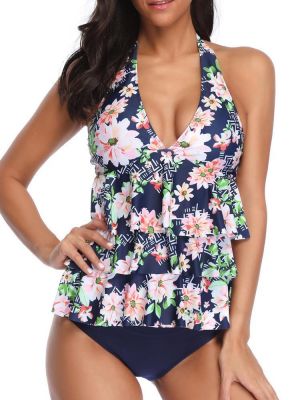 Ladies Split Halter Print Multi-Layer Swimwear