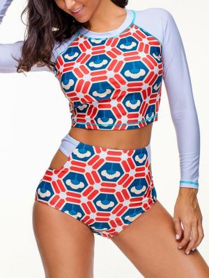 shopping בגדי ים Long Sleeve High Waist Panties Swimwear Surfing Wetsuit Stretchy Printed Sunscreen Split Swimsuit