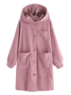 Women Casual Long Sleeve Hooded Trench Corduroy Long Coats