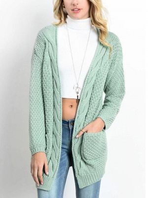 Women Knitted Solid Color Loose Pocket Twisted Sweater Cardigans