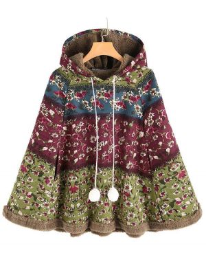 Vintage Women Floral Print Loose Long Sleeve Hoodie Coats