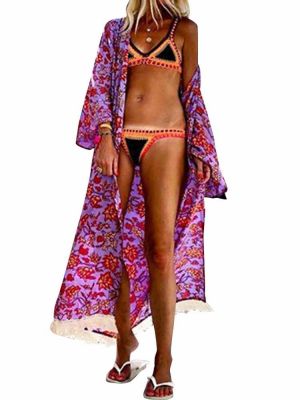 Summer Floral Print Open Front Holiday Beach Women Long Cardigans