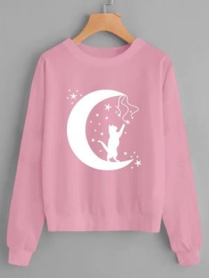 Women Casual Cat And Moon Printed Long Sleeve Hoodies Sweatshirt