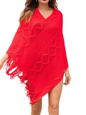 shopping מעילים וג׳קטים Women Pure Color Geometric Loose Knit Shawl Tassel Sweater Coats