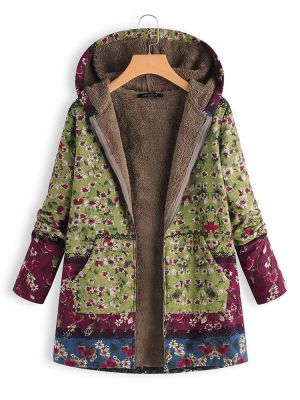 Vintage Women Patchwork Floral Printed Hooded Long Sleeve Coats