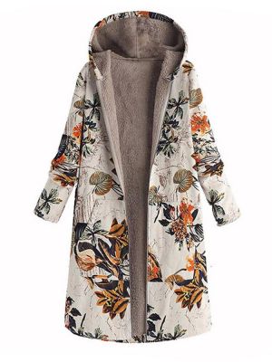 Women Leaves Print Long Sleeve Hooded Fleece Maxi Coats Jacket