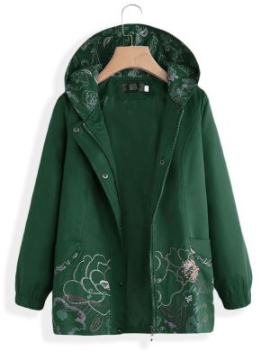 Hooded Embroidered Long Sleeve Zipper Vintage Coats