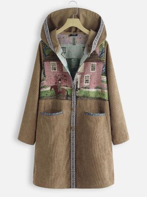 Ethnic Print Patch Pockets Hooded Corduroy Mid-long Coats
