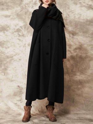 Casual Women Solid Color Button Long Coats with Pockets