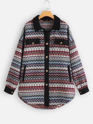 Vintage Jacquard Patch Corduroy Button Long Sleeve Coats