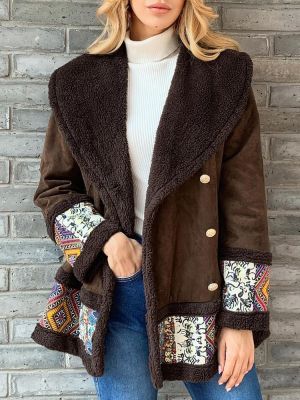 Casual Patch Print Faux Suede Double-breasted Winter Coats