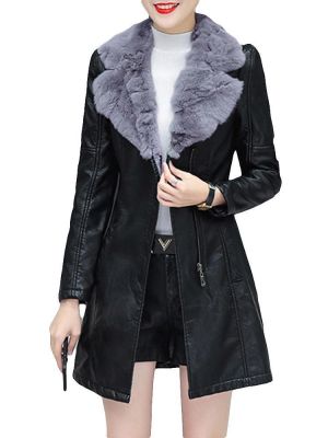 PU Leather Plus Velvet Thick Fur Collar Coats