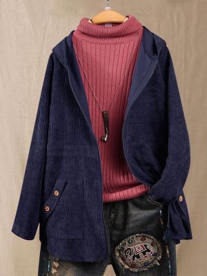 Solid Color Corduroy Long Sleeve Hooded Coats For Women