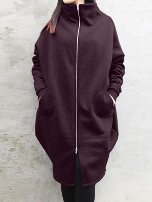 Women Solid Winter High Neck Zip Up Sweatshirt Loose Jacket Coats
