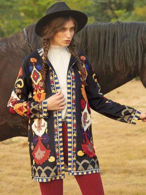 Vintage Print Corduroy Long Sleeve Coats For Women