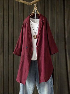 Women Pure Color Cotton Turn-Down Collar Buttons 3/4 Sleeve Coats with Pockets