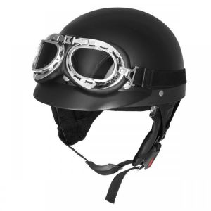 shopping קסדות לאופנוע Retro Matt Black Motorcycle Half Face Helmet Biker Scooter With Sun Visor UV Goggles Cafe Racer