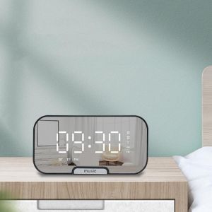 Digital Mirror Alarm Clock bluetooth Speaker with TF Card Slot FM Radio Phone Stand Full Screen LED Mirror Table Clock Time Date T