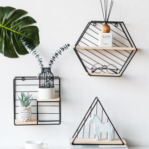 Iron Metal Wooden Wall Hanging Storage Shelves Rack Rhombus/Hexagon/Circle/Square Wall Mounted Bookshelf Wall Decorations Holder S