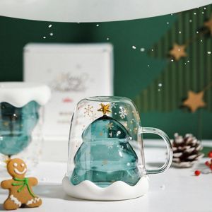XH-121 300ML Innovative Christmas Tree Mark Cup Double-Layer Borosilicate Glass Transparent Coffee Cup For Family Parties And Bars