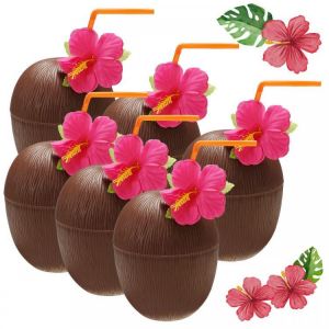 6Pcs Hawaiian Luau Hula Tropical Plastic Party Coconut Cup Drink &amp; Straw Decoration    Drinking Straw