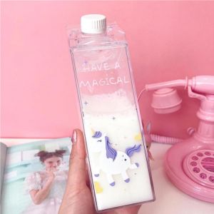 Portable Cup Novelty Milk Carton Shaped Cartoon Unicorn Printed Water Bottle