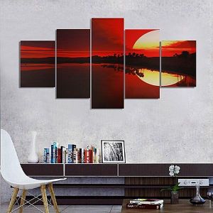 shopping קישוט הבית 5PCS Frameless Canvas Painting Red Dusk Lakeside Picture Modern Wall Art Home Decor