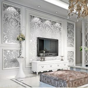 shopping קישוט הבית 3D Silver Victorian Wall Sticker Damask Embossed Rolls Wallpaper Feature Living Room Background Decor