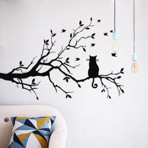 New Cute Cat On Long Tree Branch Removable PVC Wall Sticker Animals Cats Art Decal Beautiful Home Kids Room Decor Flying Birds Bla
