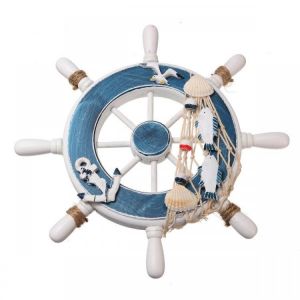 Wooden Boat Ship Steel Ring Wheel Wall Plaque Nautical Beach Tropical Decor