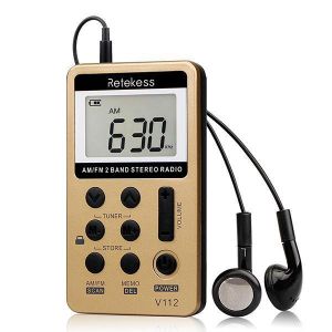 Retekess V-112 Gold Portable AM FM Stereo Radio with Earphones Pocket Mini Digital Tuning Rechargeable Battery Operated Radio LCD 