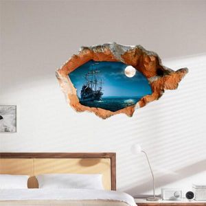 3D Night Boat Wall Decals Wall Hole Wall Art Stickers 38 Inch Removable Home Decor