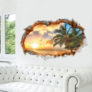 Miico Creative 3D Sunshine Beach Coconut Palm Broken Wall Removable Home Room Decorative Wall Door Decor Sticker