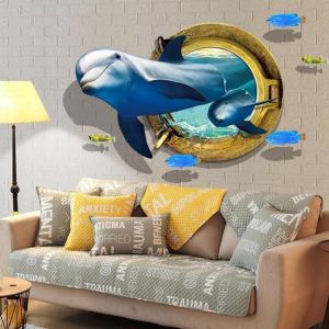 Miico Creative 3D Dolphin Window Sea Fishes PVC Removable Home Room Decorative Wall Door Decor Sticker