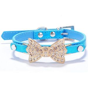 Pet Dog Puppy PU Bowknot Shiny Rhinestone Collar
