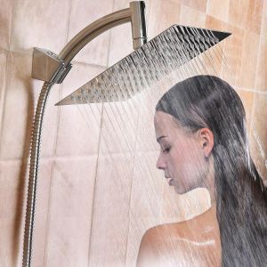 Square 8 Inch Rainfall Shower Head Extension with Shower Arm Hose Kit Overhead