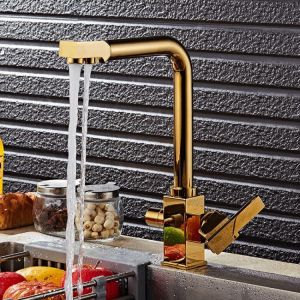 KCASA KC-9050 Brass Swivel Drinking Hot &amp; Cold Water Faucet 3 Way Water Filter Purifier Golden Kitchen Faucets Sinks Taps