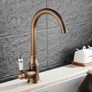 KCASA KC-9098 Retro Antique Brass Kitchen Sink Faucet Single Handle Rotation Spout Deck Cold and Hot Water Mixer Tap