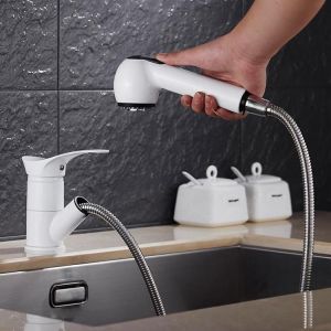 KCASA KC-9074 Pull Out Kitchen Faucet White Water-Saving Polished Basin Mixer Brass Hot and Cold Tap Vessel Vanity Sink Mixer