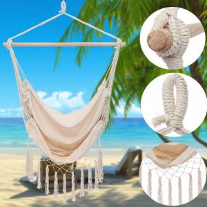 Canvas Swing Hanging Hammock Chair Cotton Rope Tassel Tree Chair Seat Patio Outdoor