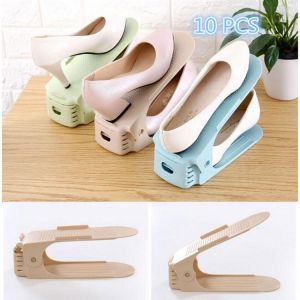 10PCS/1Set Adjustable Durable Plastic Home Double Layer Shoe Storage Racks Space-Saving Colorful Shoe Shelf Holder Organizer