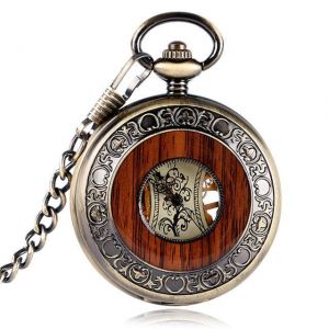 Deffrun Vintage Style Self-winding Mechanical Watches Wooden Circle Roman Numerals Pocket Watch