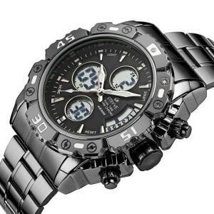 STRYVE S8018 Men Full Steel Waterproof Date Week Chrono Alarm Clock Dual Display Digital Watch