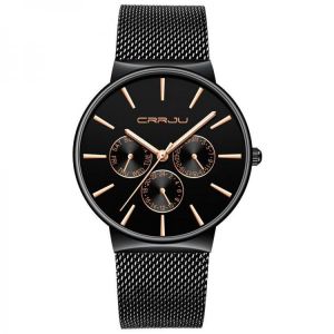 CRRJU 2155 Men Sapphire Blue Three Small Dial Calendar Fashion Steel Strap Casual Quartz Watch