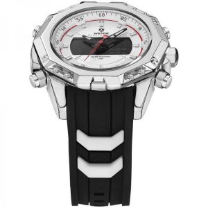 WEIDE 6406 Dual Display Digital Watch Calendar Alarm Luminous Watch Silver Case Men Sport Watch