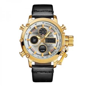 OULM 3811 Waterproof LED Dual Display Watch Casual Style Genuine Leather Strap Quartz Watch
