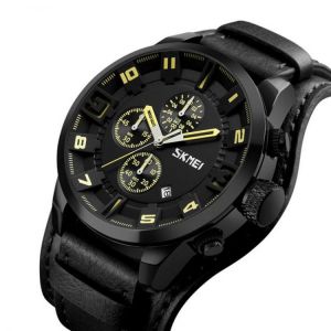 SKMEI 9165 Business Style Date Display Men Wrist Watch Leather Strap Quartz Watches