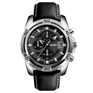 SKMEI 9156 Sport Watch Chronograph Leather Strap Waterproof Men Quartz Wrist Watch