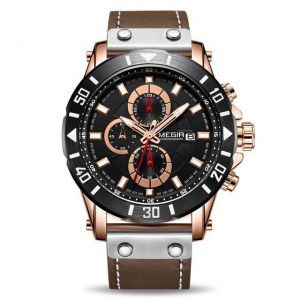 MEGIR 2081 Chronograph Luminous Quartz Watch Waterproof Leather Timing Men Watch